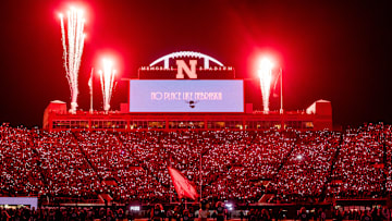 Nov 1, 2025; Lincoln, Nebraska, USA; Fireworks go off during the light show between the third and four quarter between the Nebraska Cornhuskers and the Southern California Trojans at Memorial Stadium. Mandatory Credit: Dylan Widger-Imagn Images