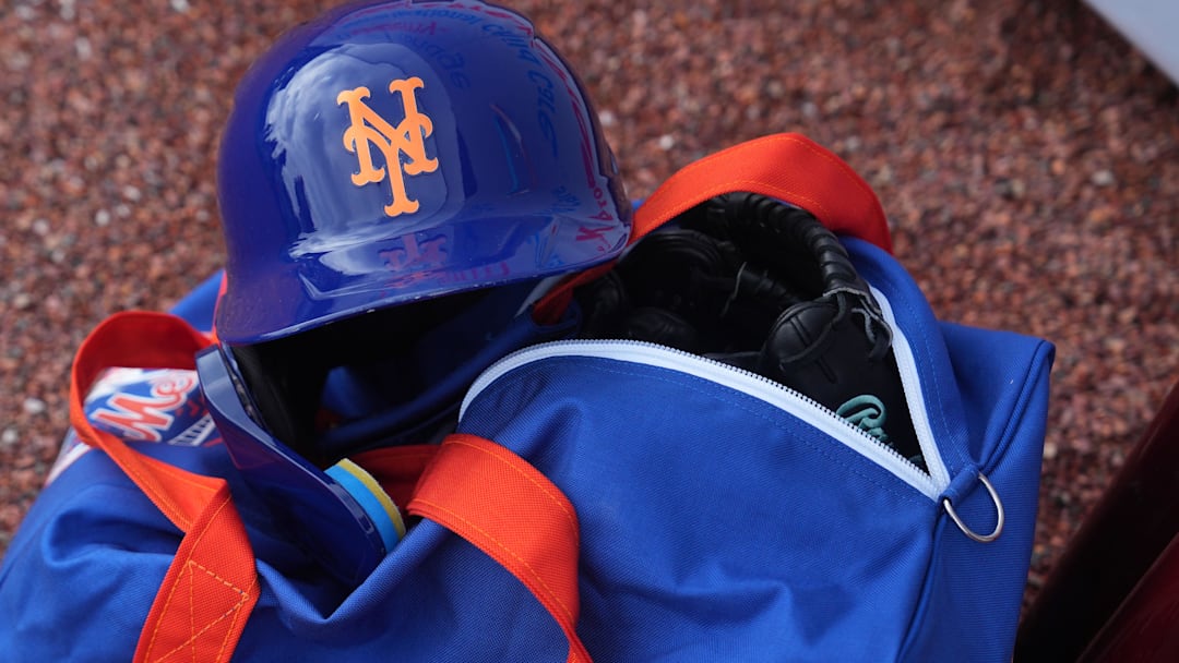 Feb 19, 2024; Port St. Lucie, FL, USA; Detail photo of Mets helmet during workouts at spring training. 