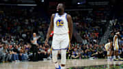 Nov 16, 2025; New Orleans, Louisiana, USA; Golden State Warriors forward Draymond Green (23) shouts “Angel Reese” after missing several shots in a row and rebounding them himself during the first half against the New Orleans Pelicans at Smoothie King Center. Mandatory Credit: Matthew Hinton-Imagn Images