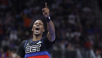 Detroit Pistons guard Javonte Green celebrates in the second half against the Philadelphia 76ers.