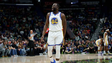 Nov 16, 2025; New Orleans, Louisiana, USA; Golden State Warriors forward Draymond Green (23) shouts “Angel Reese” after missing several shots in a row and rebounding them himself during the first half against the New Orleans Pelicans at Smoothie King Center. Mandatory Credit: Matthew Hinton-Imagn Images