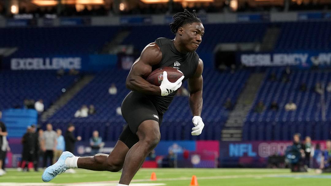 Feb 28, 2026; Indianapolis, IN, USA; Nebraska running back Emmett Johnson (RB10) during the NFL Scouting Combine at Lucas Oil Stadium. Mandatory Credit: Kirby Lee-Imagn Images