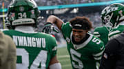 New York Jets wide receiver Garrett Wilson (5) celebrates with New York Jets running back Kene Nwangwu (34) after Nwangwu scores a touchdown during an NFL Week 10 game between the New York Jets and the Cleveland Browns at MetLife Stadium on Sunday, Nov. 9, 2025.
