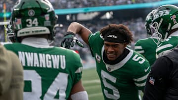New York Jets wide receiver Garrett Wilson (5) celebrates with New York Jets running back Kene Nwangwu (34) after Nwangwu scores a touchdown during an NFL Week 10 game between the New York Jets and the Cleveland Browns at MetLife Stadium on Sunday, Nov. 9, 2025.