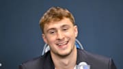Jun 27, 2025; Dallas, TX, USA; Dallas Mavericks first overall pick Cooper Flagg speaks to the media during a press conference at the Dallas Mavericks Practice Facility. Mandatory Credit: Jerome Miron-Imagn Images
