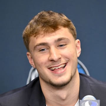 Jun 27, 2025; Dallas, TX, USA; Dallas Mavericks first overall pick Cooper Flagg speaks to the media during a press conference at the Dallas Mavericks Practice Facility. Mandatory Credit: Jerome Miron-Imagn Images