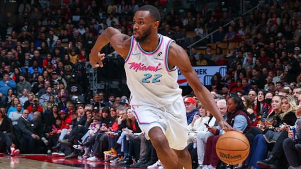 Miami Heat forward Andrew Wiggins (22) driving to the basket