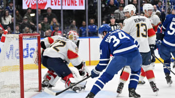Apr 1, 2024; Toronto, Ontario, CAN; Toronto Maple Leafs forward Auston Matthews (34) scores a goal