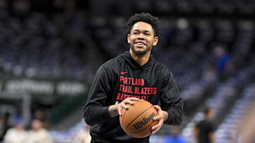 Dec 23, 2024; Dallas, Texas, USA; Portland Trail Blazers guard Anfernee Simons (1) warms up before the game between the Dallas Mavericks and the Portland Trail Blazers at the American Airlines Center. Mandatory Credit: Jerome Miron-Imagn Images
