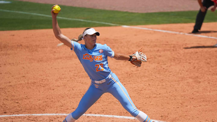 Tennessee pitcher Karlyn Pickens (23) pitches during a NCAA regional game between Tennessee and Ohio State at Sherri Parker Lee Stadium in Knoxville, Tenn., on May 18, 2025. Tennessee won 5-0 against Ohio State. Tennessee pitcher Karlyn Pickens (23) pitches during a NCAA regional game between Tennessee and Ohio State at Sherri Parker Lee Stadium in Knoxville, Tenn., on May 18, 2025. Tennessee won 5-0 against Ohio State.