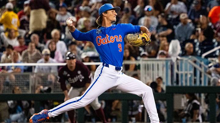Jun 19, 2024; Omaha, NE, USA; Florida Gators pitcher Luke McNeillie (9) pitches against the Texas A&M Aggies during the ninth inning at Charles Schwab Field Omaha. Mandatory Credit: Dylan Widger-Imagn Images