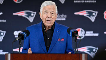 Mar 13, 2025; Foxborough, MA, USA; New England Patriots owner Robert Kraft discusses the teams recent free agent additions with the media at Gillette Stadium.
