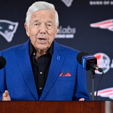 Mar 13, 2025; Foxborough, MA, USA; New England Patriots owner Robert Kraft discusses the teams recent free agent additions with the media at Gillette Stadium.