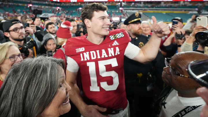 Jan 19, 2026; Miami Gardens, FL, USA; Indiana Hoosiers quarterback Fernando Mendoza (15) gestures after the CFP National Championship college football game against the Miami Hurricanes at Hard Rock Stadium. Mandatory Credit: Kirby Lee-Imagn Images