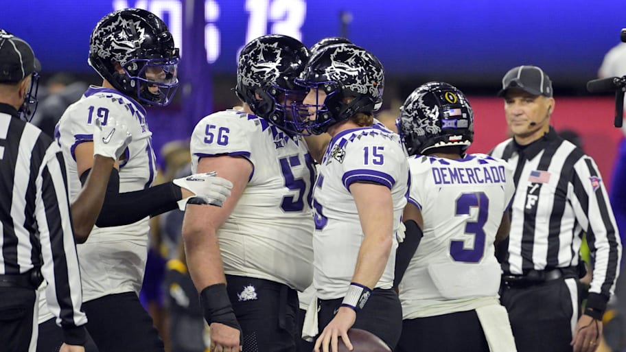 TCU Horned Frogs quarterback Max Duggan celebrates a touchdown against the Georgia Bulldogs.