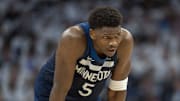 Minnesota Timberwolves guard Anthony Edwards reacts to a play.
