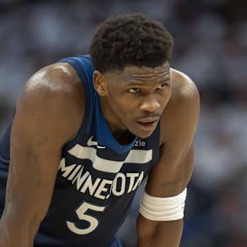 Minnesota Timberwolves guard Anthony Edwards reacts to a play.