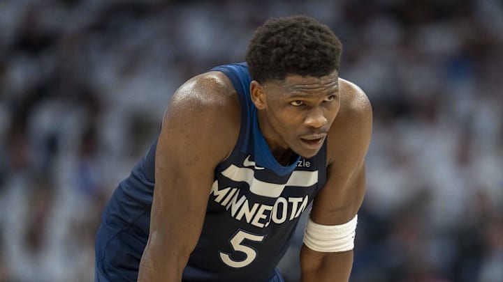 Minnesota Timberwolves guard Anthony Edwards reacts to a play.