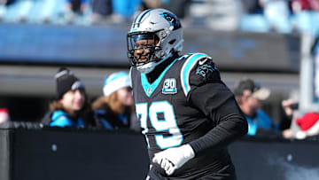 Dec 22, 2024; Charlotte, North Carolina, USA; Carolina Panthers offensive tackle Ikem Ekwonu (79) takes the field during the first quarter against the Arizona Cardinals at Bank of America Stadium. Mandatory Credit: Jim Dedmon-Imagn Images 