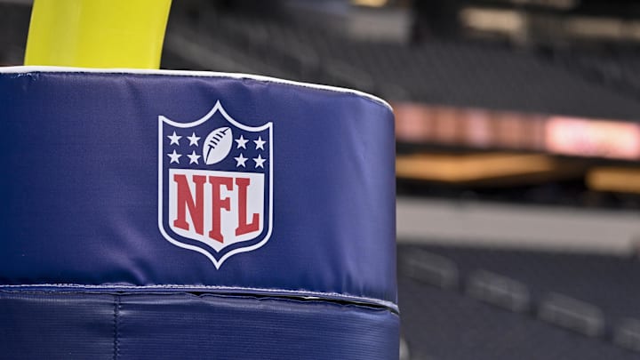 A view of the NFL logo on the goalpost pads before the game between the Dallas Cowboys and the Baltimore Ravens 
