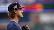 Jul 15, 2025; Cumberland, Georgia, USA;  American League pitcher Joe Ryan (41) of the Minnesota Twins looks on before the 2025 MLB All Star Game at Truist Park. Mandatory Credit: Brett Davis-Imagn Images