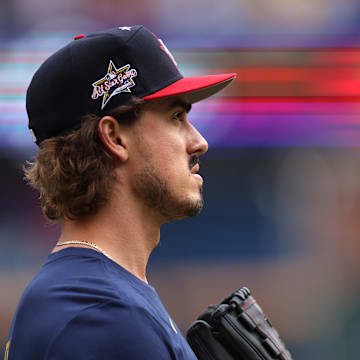 Jul 15, 2025; Cumberland, Georgia, USA;  American League pitcher Joe Ryan (41) of the Minnesota Twins looks on before the 2025 MLB All Star Game at Truist Park. Mandatory Credit: Brett Davis-Imagn Images