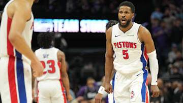 Dec 26, 2024; Sacramento, California, USA; Detroit Pistons guard Malik Beasley (5) reacts a: Kelley L Cox-Imagn Images