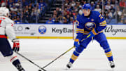 Apr 11, 2024; Buffalo, New York, USA;  Buffalo Sabres center Tage Thompson (72) looks to make a pass during the second period against the Washington Capitals at KeyBank Center. Mandatory Credit: Timothy T. Ludwig-Imagn Images