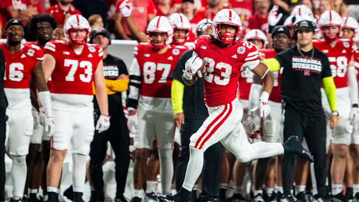 Sep 14, 2024; Lincoln, Nebraska, USA; Nebraska Cornhuskers running back Dante Dowdell (23) runs against the Northern Iowa Panthers during the third quarter at Memorial Stadium. 