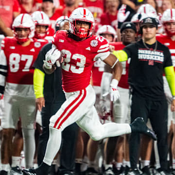 Sep 14, 2024; Lincoln, Nebraska, USA; Nebraska Cornhuskers running back Dante Dowdell (23) runs against the Northern Iowa Panthers during the third quarter at Memorial Stadium.