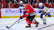 Nov 19, 2023; Chicago, Illinois, USA; Chicago Blackhawks left wing Taylor Hall (71) skates with the puck against the Buffalo Sabres during the first period at the United Center. Mandatory Credit: Daniel Bartel-USA TODAY Sports