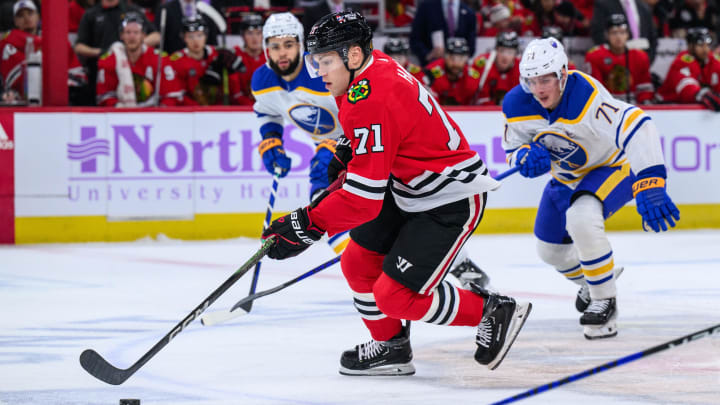 Nov 19, 2023; Chicago, Illinois, USA; Chicago Blackhawks left wing Taylor Hall (71) skates with the puck against the Buffalo Sabres during the first period at the United Center. Mandatory Credit: Daniel Bartel-USA TODAY Sports