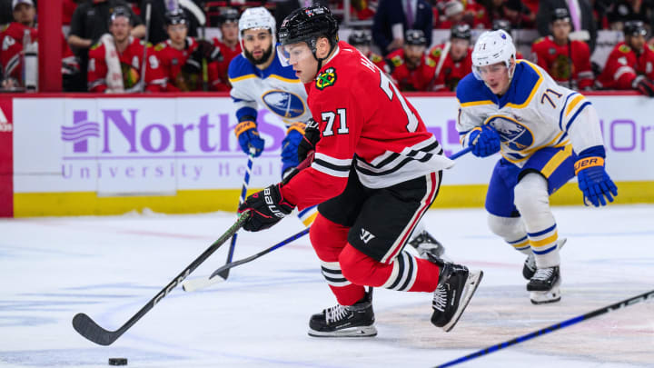 Nov 19, 2023; Chicago, Illinois, USA; Chicago Blackhawks left wing Taylor Hall (71) skates with the puck against the Buffalo Sabres during the first period at the United Center. Mandatory Credit: Daniel Bartel-USA TODAY Sports