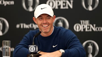 Rory McIlroy during his pre-tournament press conference at the 2025 Open Championship at Royal Portrush