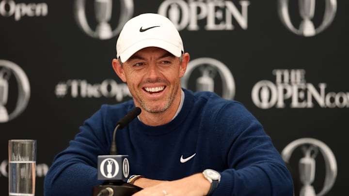 Rory McIlroy during his pre-tournament press conference at the 2025 Open Championship at Royal Portrush