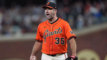 Sep 12, 2025; San Francisco, California, USA; San Francisco Giants starting pitcher Justin Verlander (35) reacts after an out call was upheld against the Los Angeles Dodgers during the fourth inning at Oracle Park.