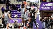 Feb 12, 2025; Fort Worth, Texas, USA; TCU Horned Frogs guard Vasean Allette (3) hits the game-winning shot during the second half against the Oklahoma State Cowboys at Ed and Rae Schollmaier Arena. Mandatory Credit: Kevin Jairaj-Imagn Images
