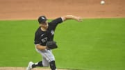 Jul 3, 2024; Cleveland, Ohio, USA; Chicago White Sox relief pitcher Tanner Banks (57) delivers a pitch in the seventh inning against the Cleveland Guardians at Progressive Field. 