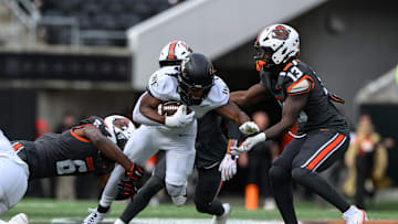 Oct 11, 2025; Corvallis, Oregon, USA; Wake Forest Demon Deacons running back Demond Claiborne (1) runs the ball during the second half against the Oregon State Beavers at Reser Stadium. Mandatory Credit: Craig Strobeck-Imagn Images