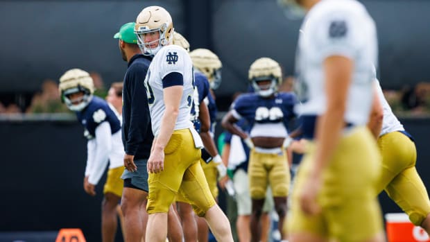 Notre Dame players line up for a drill in fall camp on Tuesday, Aug. 6 in South Bend.