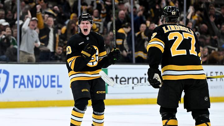 Mar 31, 2026; Boston, Massachusetts, USA; Boston Bruins defenseman Henri Jokiharju (20) reacts after scoring a goal against the Dallas Stars during the third period at the TD Garden. Mandatory Credit: Brian Fluharty-Imagn Images