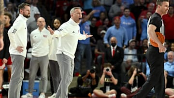 Feb 1, 2025; Houston, Texas, USA; Texas Tech Red Raiders head coach Grant McCasland reacts after being ejected from the game during the first half against the Houston Cougars at Fertitta Center. Mandatory Credit: Maria Lysaker-Imagn Images 