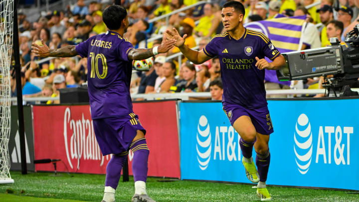 Jul 17, 2024; Nashville, Tennessee, USA;  Orlando City SC midfielder Cesar Araujo (5) celebrates his goal against the Nashville SC during the second half at Geodis Park. Mandatory Credit: Steve Roberts-USA TODAY Sports