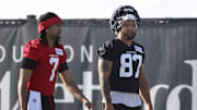 Jul 24, 2025; Houston, TX, USA; Houston Texans tight end Cade Stover (87) during training camp at Houston Methodist Training Center. Mandatory Credit: Troy Taormina-Imagn Images
