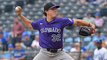 Apr 24, 2025; Kansas City, Missouri, USA;  Colorado Rockies starting pitcher Chase Dollander (32) throws a pitch in the first inning against the Kansas City Royals at Kauffman Stadium. Mandatory Credit: Peter Aiken-Imagn Images