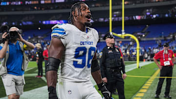 Detroit Lions defensive end Al-Quadin Muhammad (96) shouts “Let’s Go” as he exits the field after 38-30 win over Baltimore Ravens at M&T Bank Stadium in Baltimore, Md. on Monday, Sept. 22, 2025.