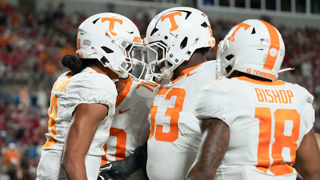 Tennessee quarterback Nico Iamaleava (8) celebrates a touchdown at the NCAA College football game between Tennessee and NC State on Saturday, Sept. 7, 2024 in Charlotte, NC.