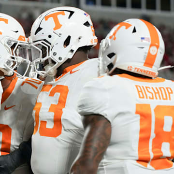 Tennessee quarterback Nico Iamaleava (8) celebrates a touchdown at the NCAA College football game between Tennessee and NC State on Saturday, Sept. 7, 2024 in Charlotte, NC.