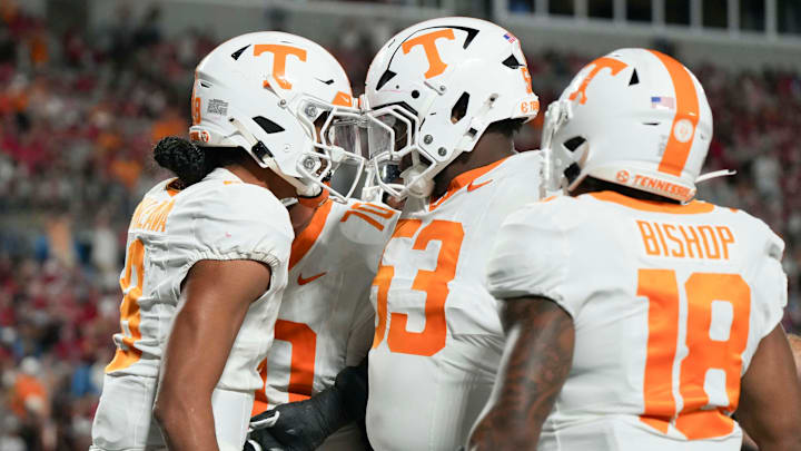 Tennessee quarterback Nico Iamaleava (8) celebrates a touchdown at the NCAA College football game between Tennessee and NC State on Saturday, Sept. 7, 2024 in Charlotte, NC.