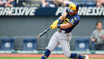 May 14, 2025; Cleveland, Ohio, USA; Milwaukee Brewers right fielder Sal Frelick (10) hits a home run during the fifth inning against the Cleveland Guardians at Progressive Field. Mandatory Credit: Ken Blaze-Imagn Images